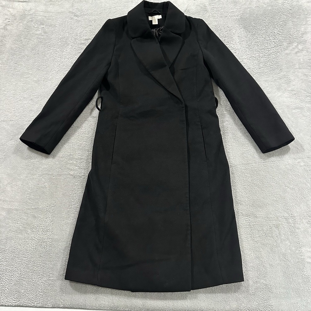 H&M Long Coat Button Jacket Women 4 Black Minimal Formal Fall Winter